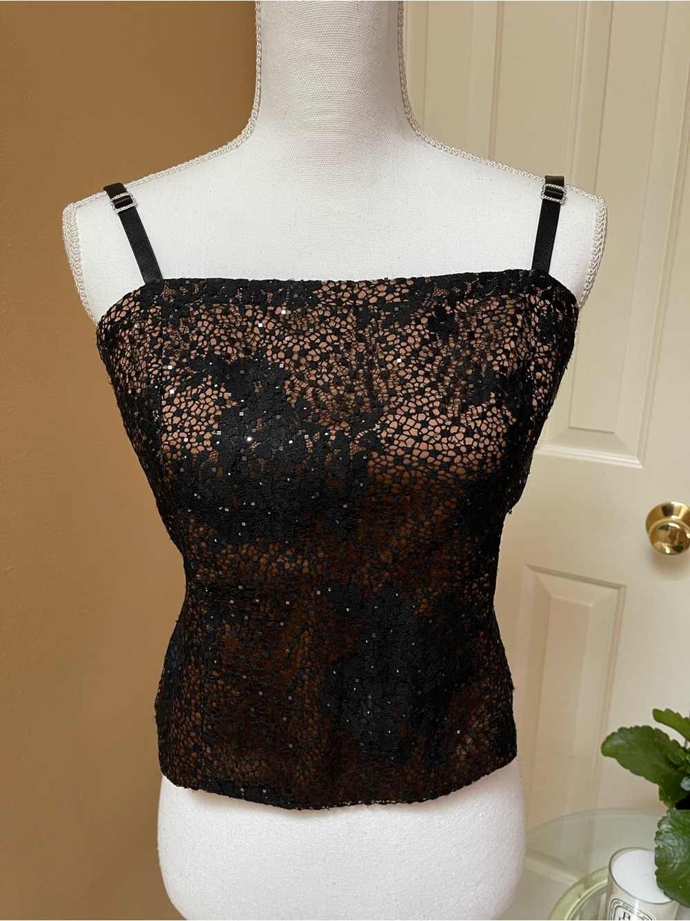 St. John Black Lace Sequin Bustier Top Bronze Lining Size 6 $995 - Picture 8 of 11